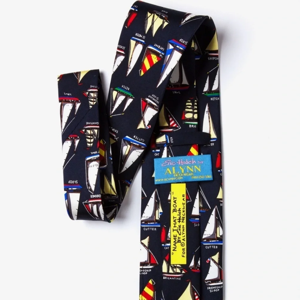 Alynn Neckwear “Name That Boat” Tie Eric Holch Silk Necktie Sailboats navy blue